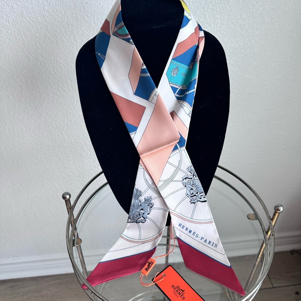 Hermes Pink Blue White Silk Twilly Scarf